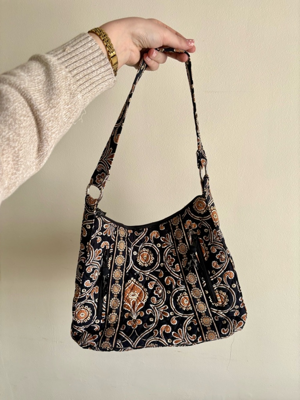 Vera Bradley Caffe Latte Hobo Bag | Black Brown Paisley Tote | Retired Pattern